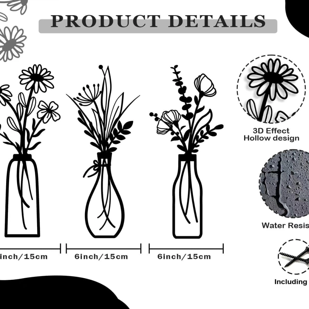 3 Pieces Metal Flowers Wall Arts